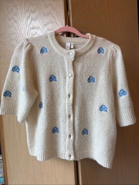 Cream Button-Up Cardigan with Blue Rose Embroidery, Cropped